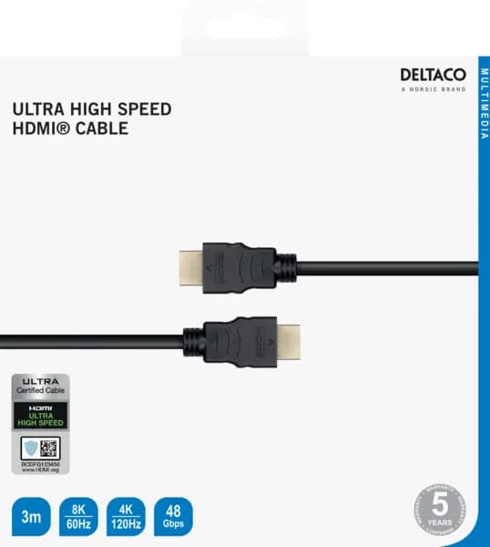 Deltaco HDMI 2.1 -kaapeli, jossa 8K, 0,5 m, musta
