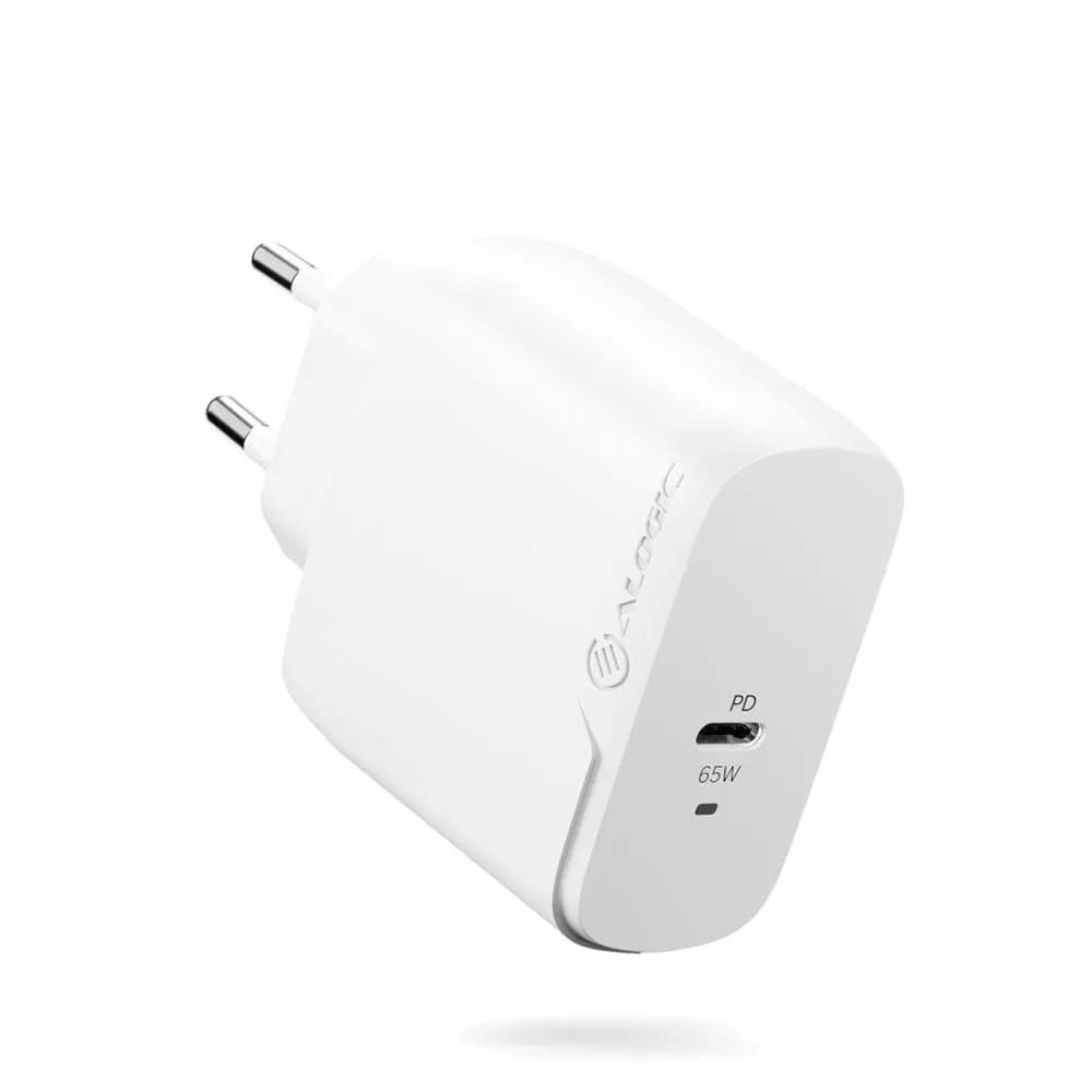 Alogic Rapid Power 65W GaN USB-C -laturi kaapelilla, Valkoinen 2m – Alogic