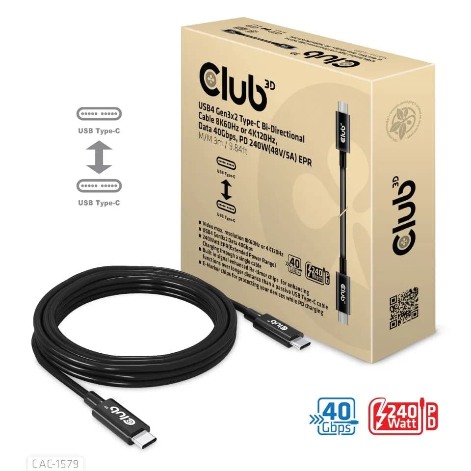 Club 3D CAC-1579 USB4 Gen 2x2 USB-C -kaapeli, 240 W, 3 m, musta