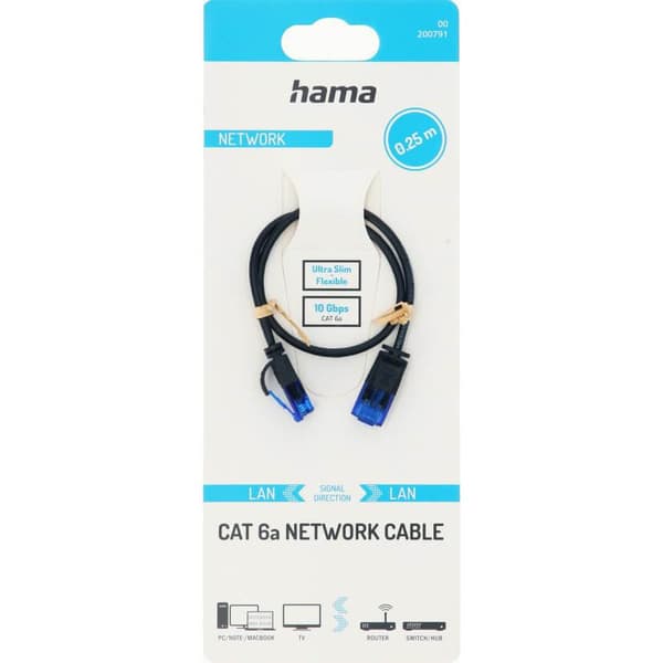 Hama Cat6a U/UTP RJ45 0.25m -verkkokaapeli, musta