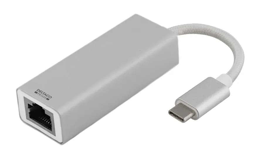 DELTACO PRIME USB-C-verkkosovitin, Gigabit, RJ45, alumiinia, hopea
