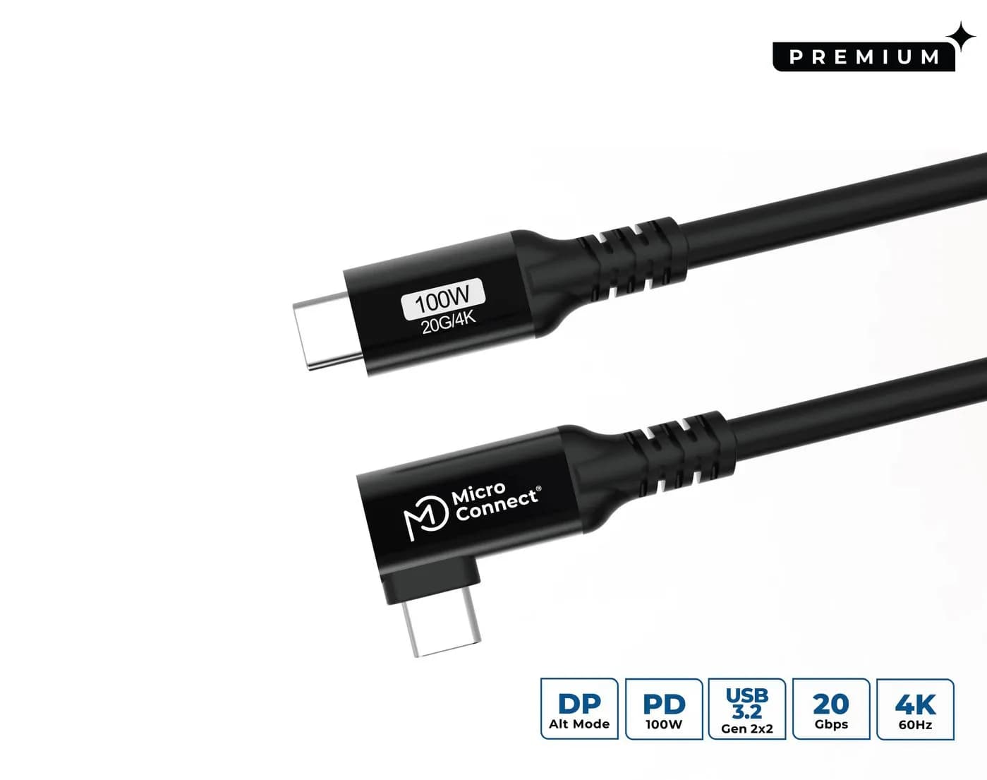 MicroConnect USB 3.2 Gen 2x2 USB-C -kaapeli, kulma, 100 W, 5 m, musta