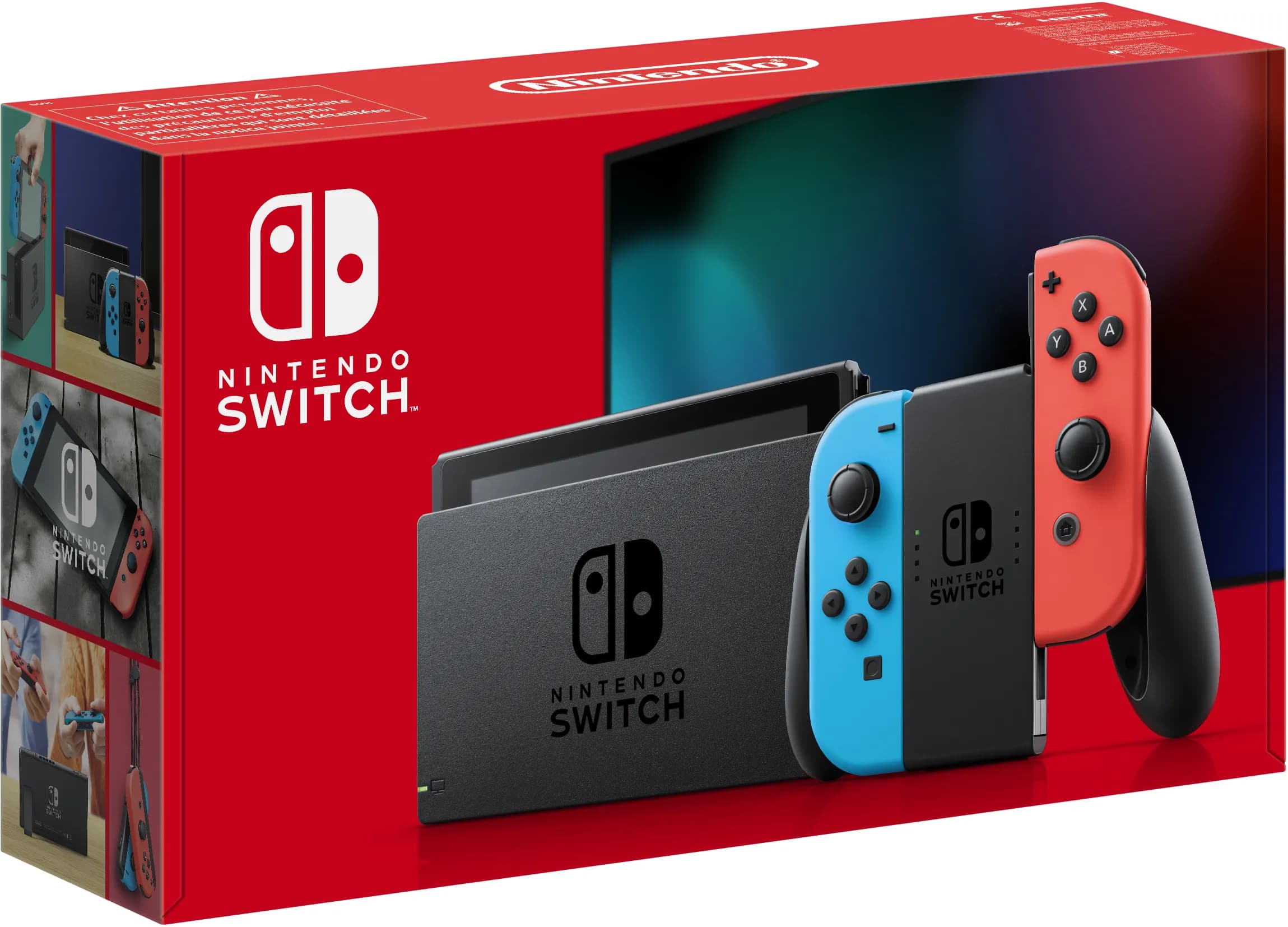 Nintendo Switch -pelikonsoli, neonpunainen ja neonsininen