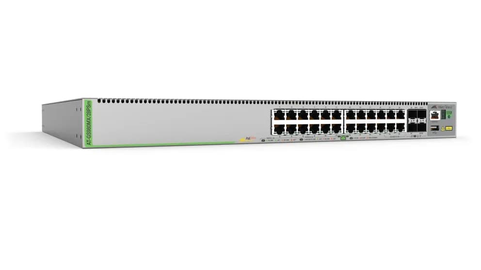ALLIED L3 Stackable Switch 20x 10/100/1000-T PoE+ 4x 100M/1G/2.5G/5G-T PoE+ 4x SFP+ Ports single fixed PSU EU Power Cord – Allied Telesis