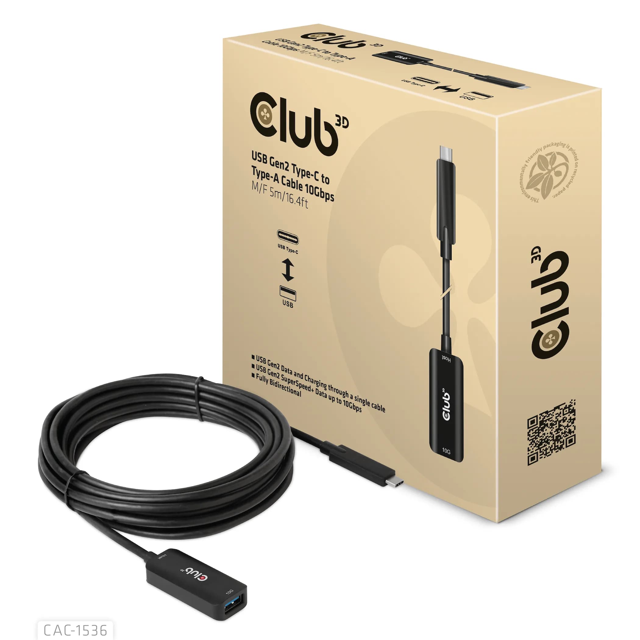 Club 3D CAC-1536 USB 3.2 Gen 2 USB-C – USB-A -jatkokaapeli, 5 m, musta – Club 3D