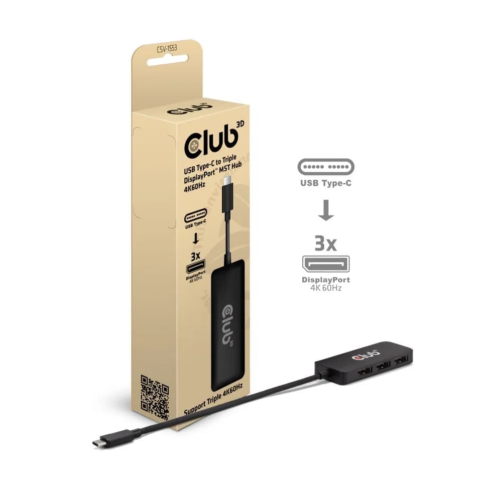 Club 3D USB-C - 3x Displayport 2.1 MST 4K60Hz -sovitin, Musta – Club 3D