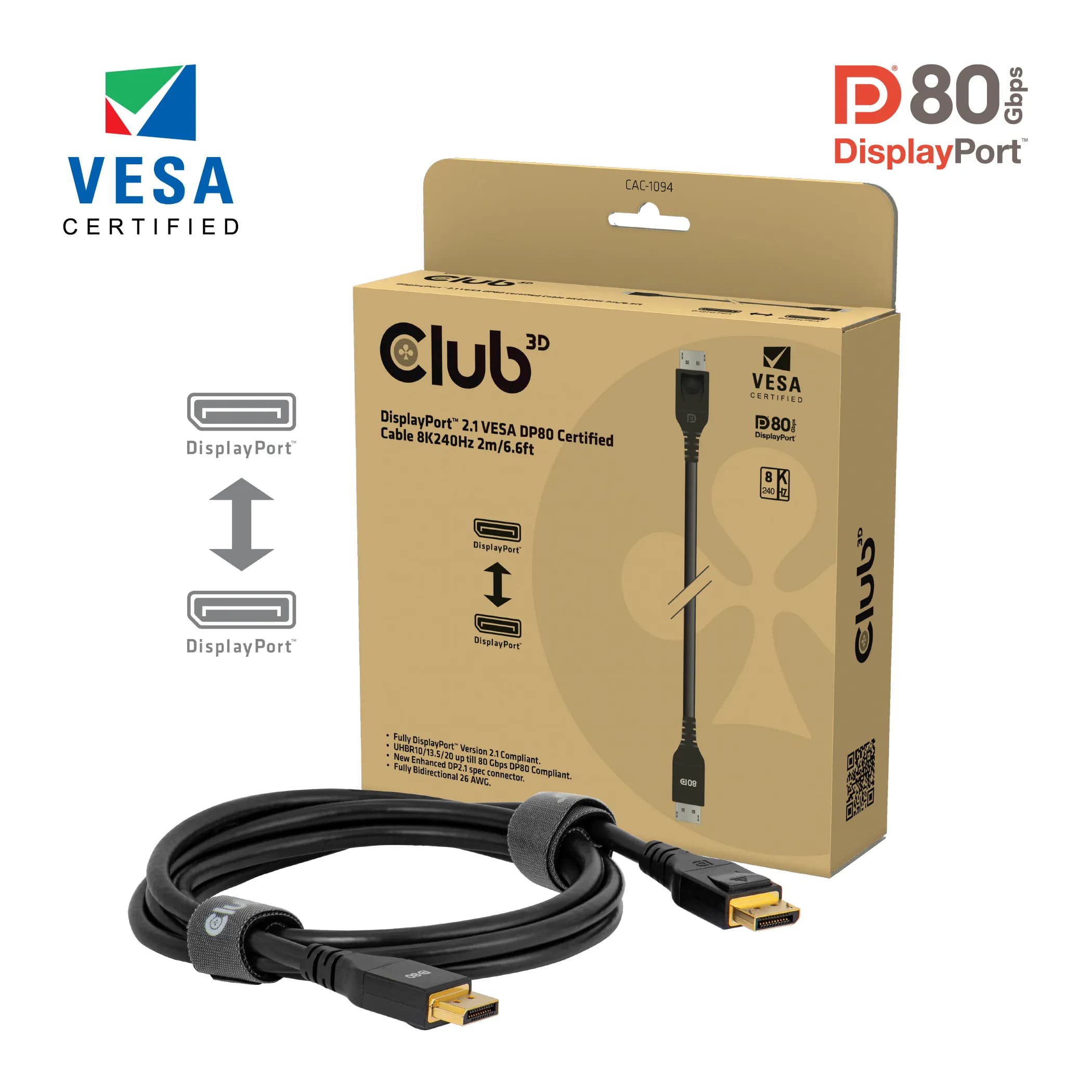 Club 3D DisplayPort 2.1 -kaapeli, jossa HDR, 240 Hz, Braided, 2 m, musta