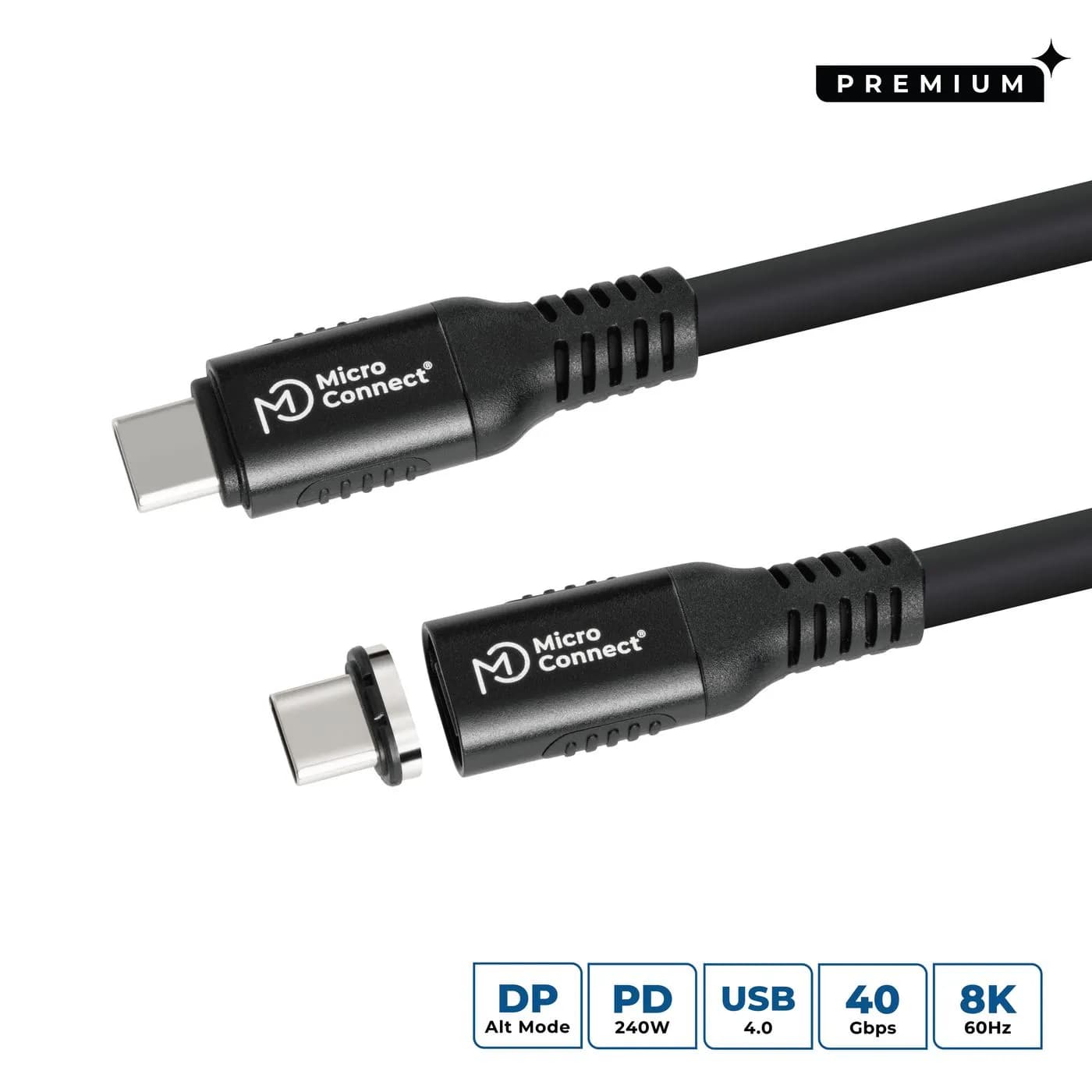 MicroConnect MC-LS-USB4CC2.0 USB4 Magnetic Silicone USB-C -kaapeli, 240 W, 2 m, musta