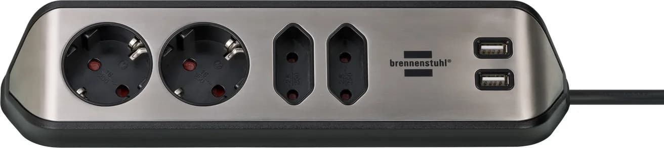 Brennenstuhl  2 xUSB, 4 AC-pistorasia(a)-osainen jatkojohto, 2 m, Musta/Hopea