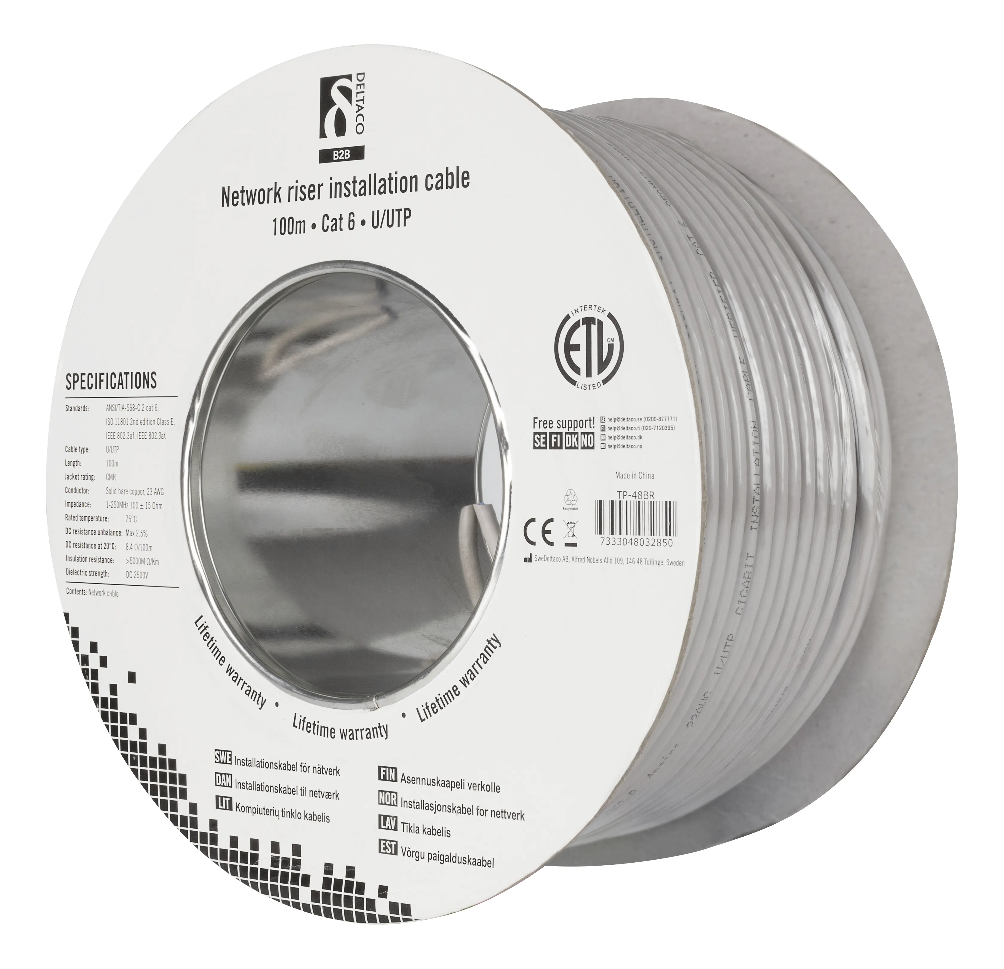 Deltaco Cat6 U/UTP 100m -verkkokaapeli, harmaa