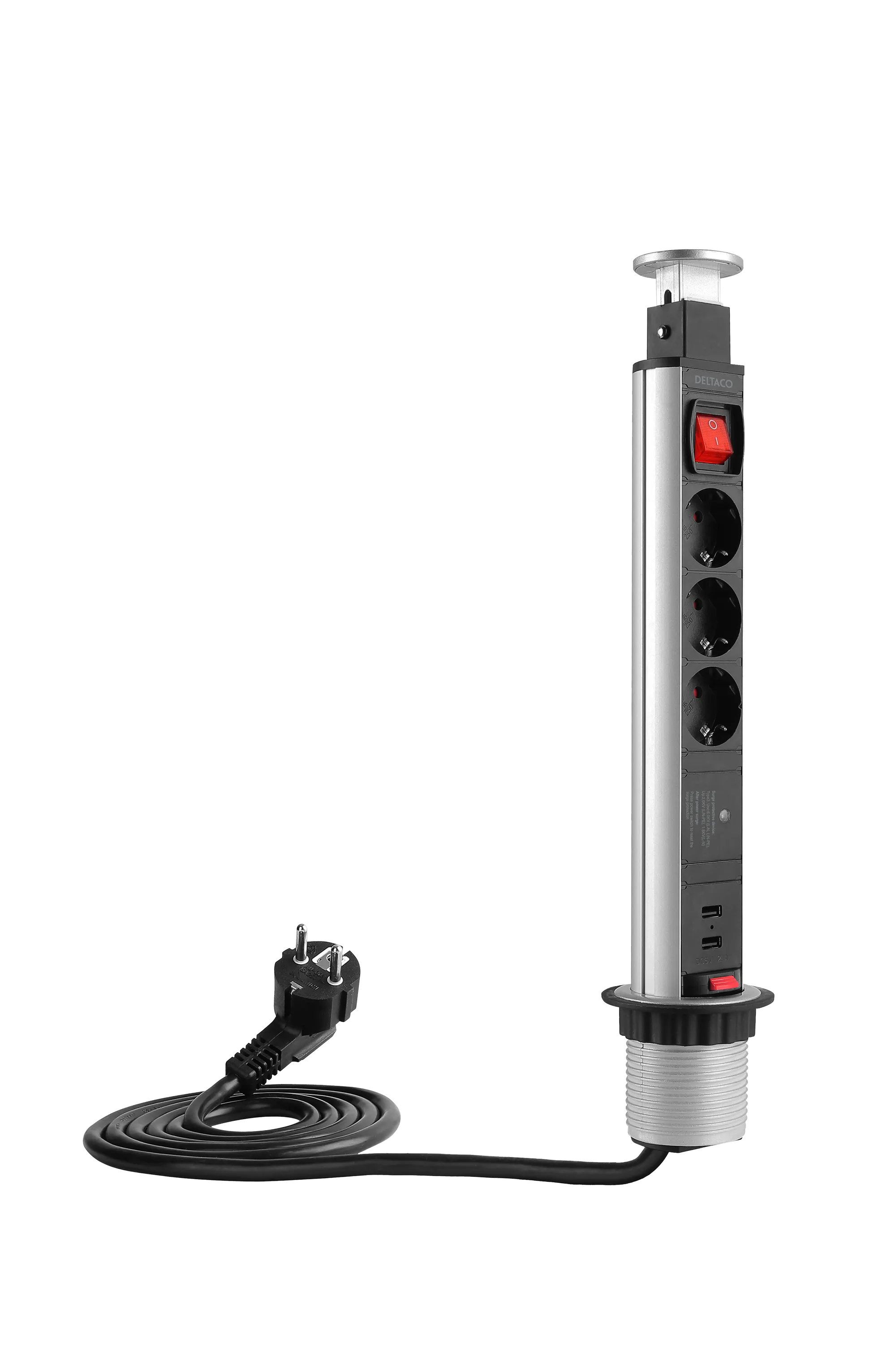Deltaco Office pöytätason pop-up-virtapistorasia ylijännitesuojalla,  musta/hopea – Deltaco