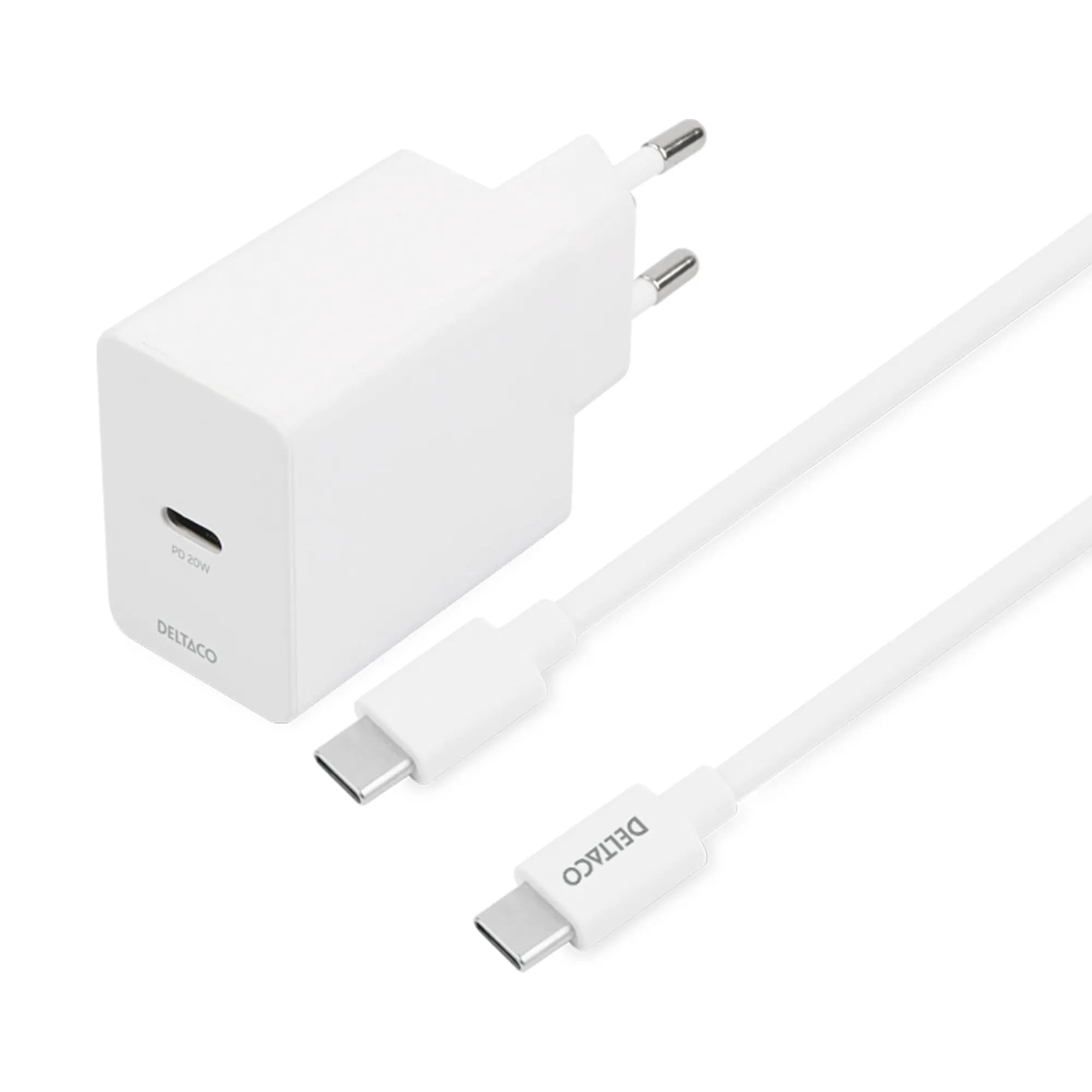 Deltaco PD 20W USB-C -laturi kaapelilla, Valkoinen, 1m – Deltaco