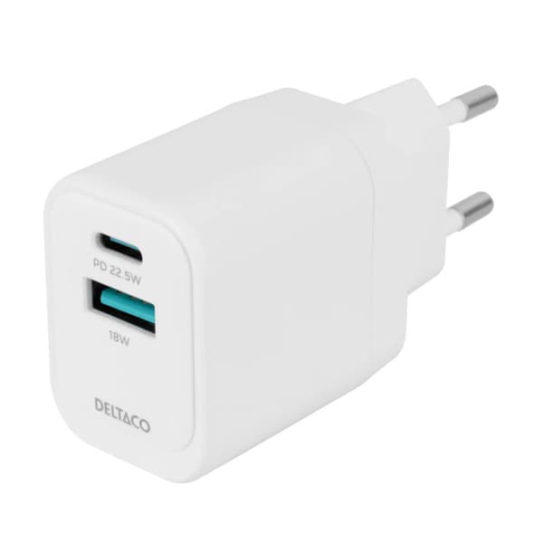 Deltaco 1x USB-A 18 W, 1x USB-C PD 20 W USB -laturi, valkoinen – Deltaco
