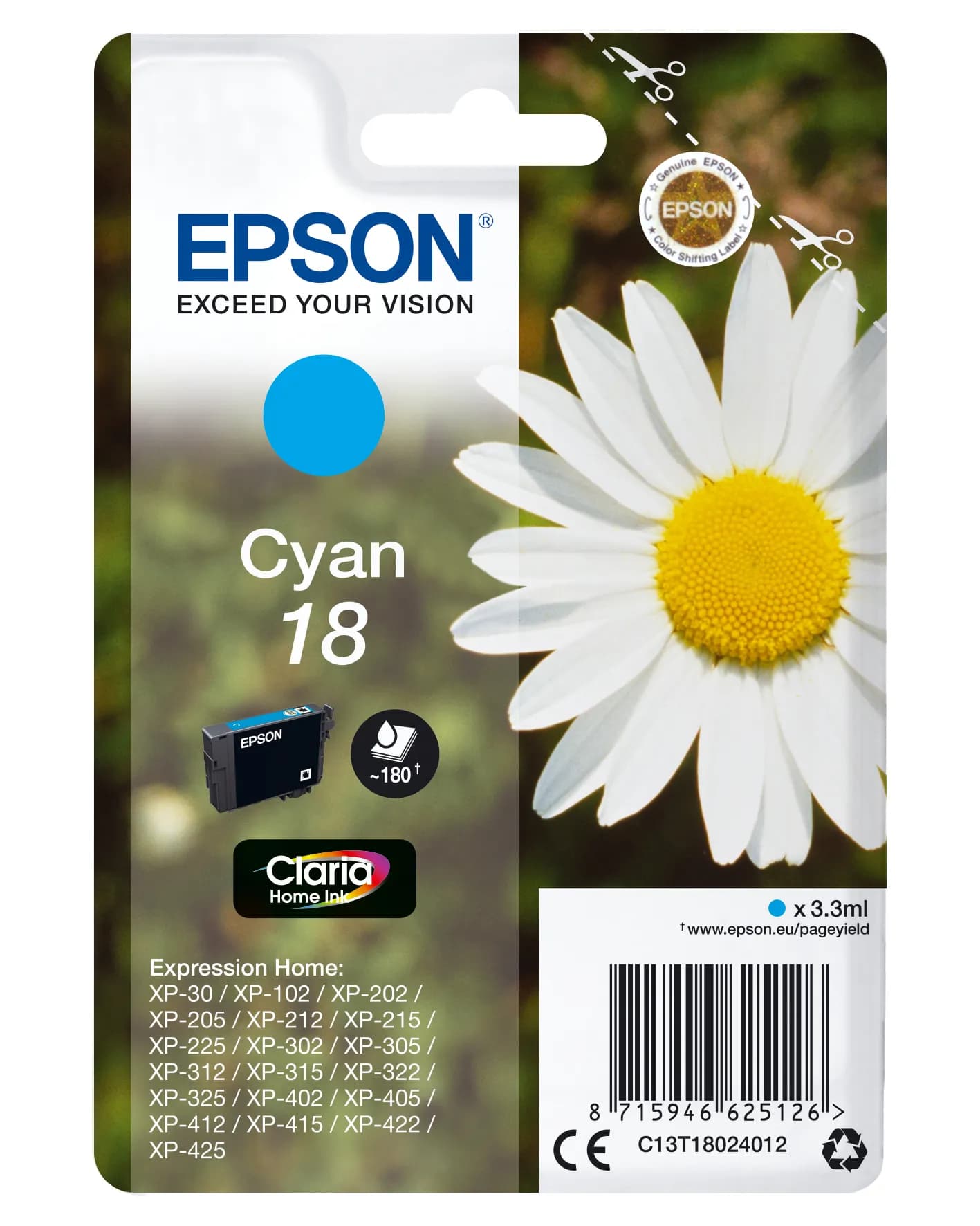 Epson T1802 -mustekasetti, 3.3 ml, syaani – Epson