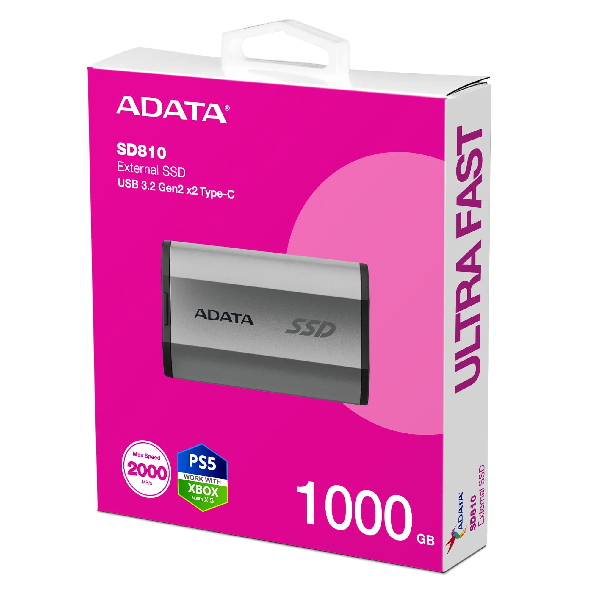 A-DATA SD810 1 Tt USB 3.2 Gen 2x2 (USB-C) -ulkoinen SSD, iskunkestävä, pelikäyttöön, Silver-Grey – ADATA