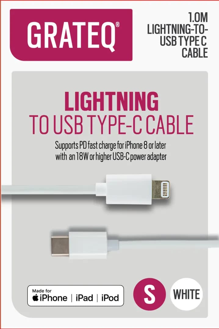 GRATEQ USB-C – Lightning -kaapeli, 1 m, valkoinen