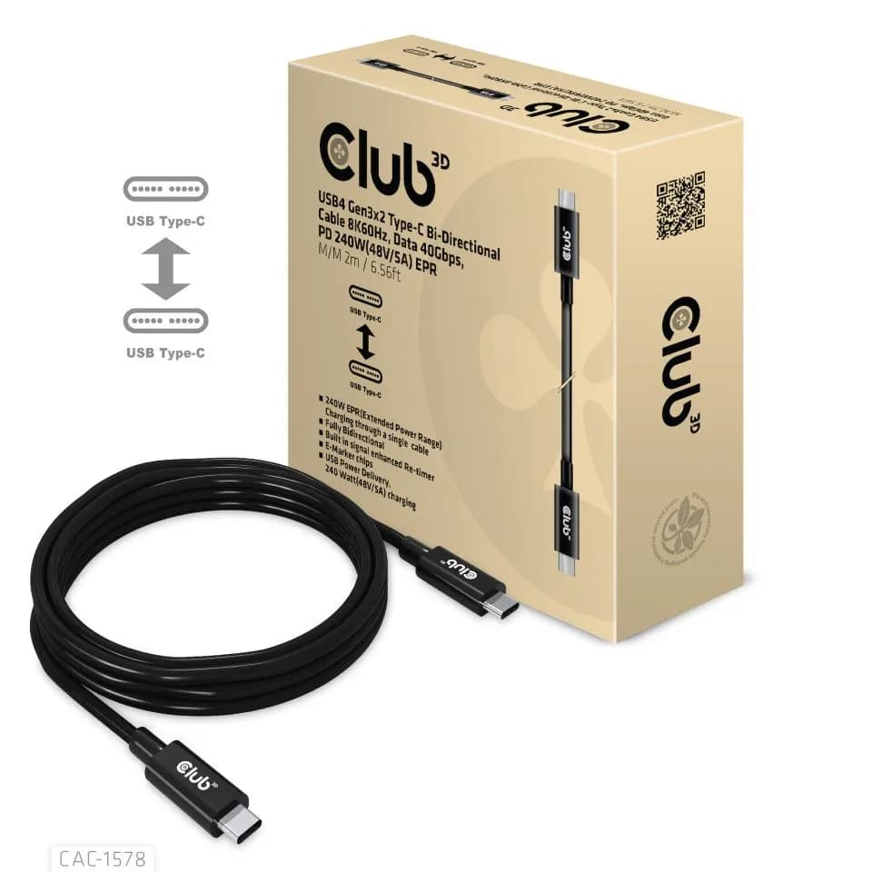 Club 3D USB4 Gen3x2 USB-C -kaapeli, 240 W, 2 m, musta