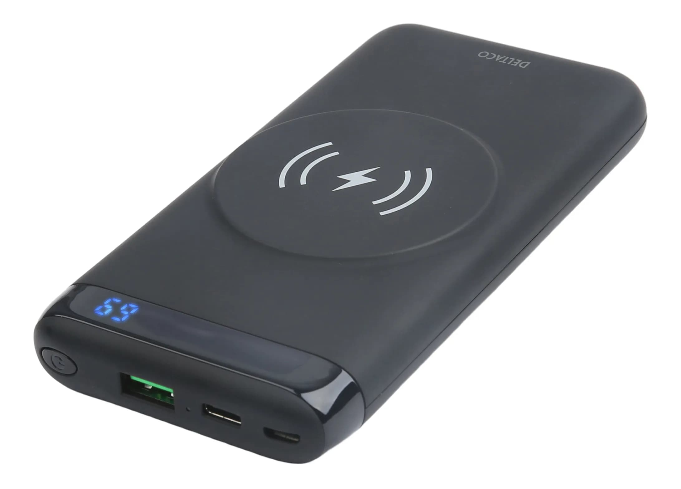 Deltaco USB-C & USB-A, 10 000 mAh -langaton varavirtalähde magneetilla, musta
