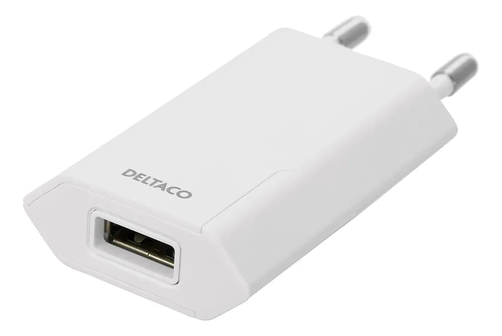 DELTACO USB wall charger, 1x USB-A, 1 A, 5 W, retail, white – Deltaco