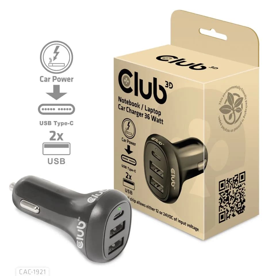 Club 3D 36W 2xUSB-A, 1xUSB-C -autolaturi, Musta