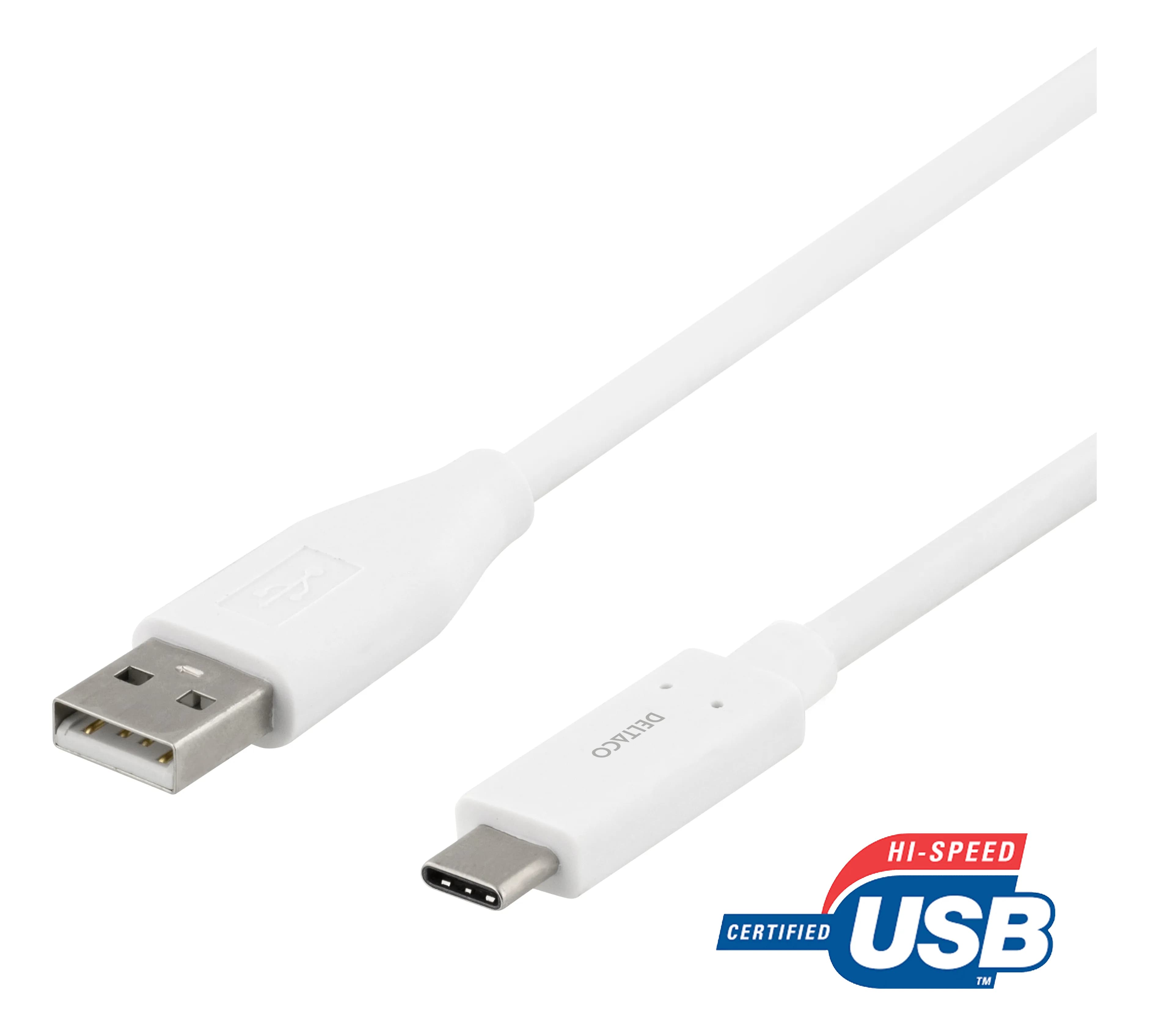 Deltaco USB-C – USB-A -kaapeli, 0,5 m, valkoinen