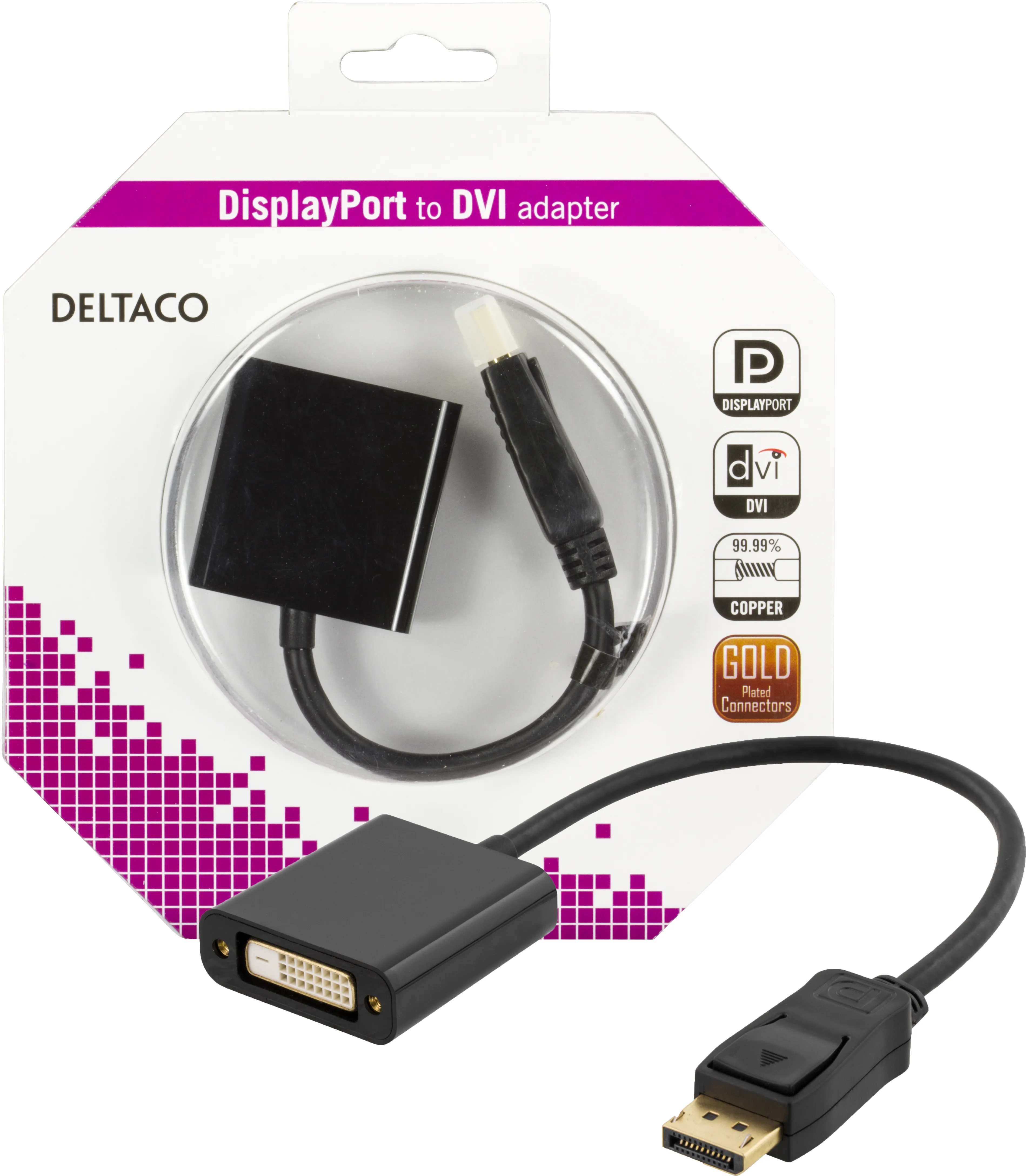 Deltaco DisplayPort - DVI-D Single Link -sovitin, 0,2m, musta