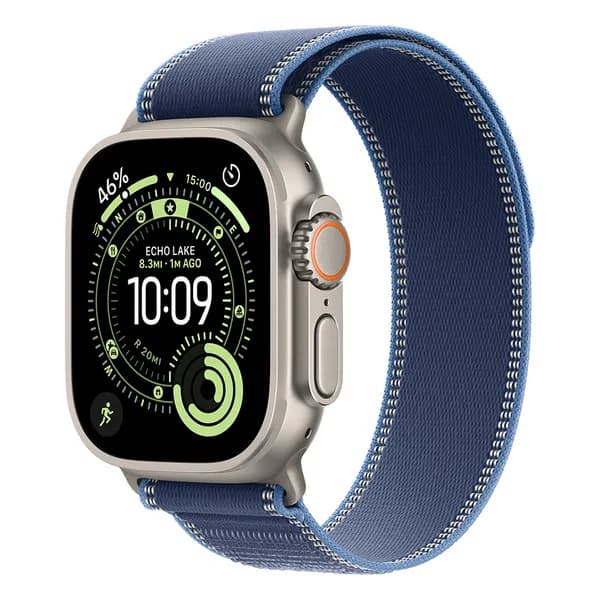 Apple Watch Ultra 3 49mm luonnonvaalea titaanikuori ja sininen/kirkkaansininen Trail-ranneke (S/M)