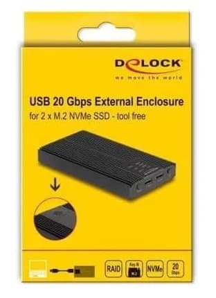 DeLOCK 42022 M.2 NVMe SSD -kotelo, kaksipaikkainen, USB 3.2 Gen 2x2, RAID 0/1/JBOD, musta