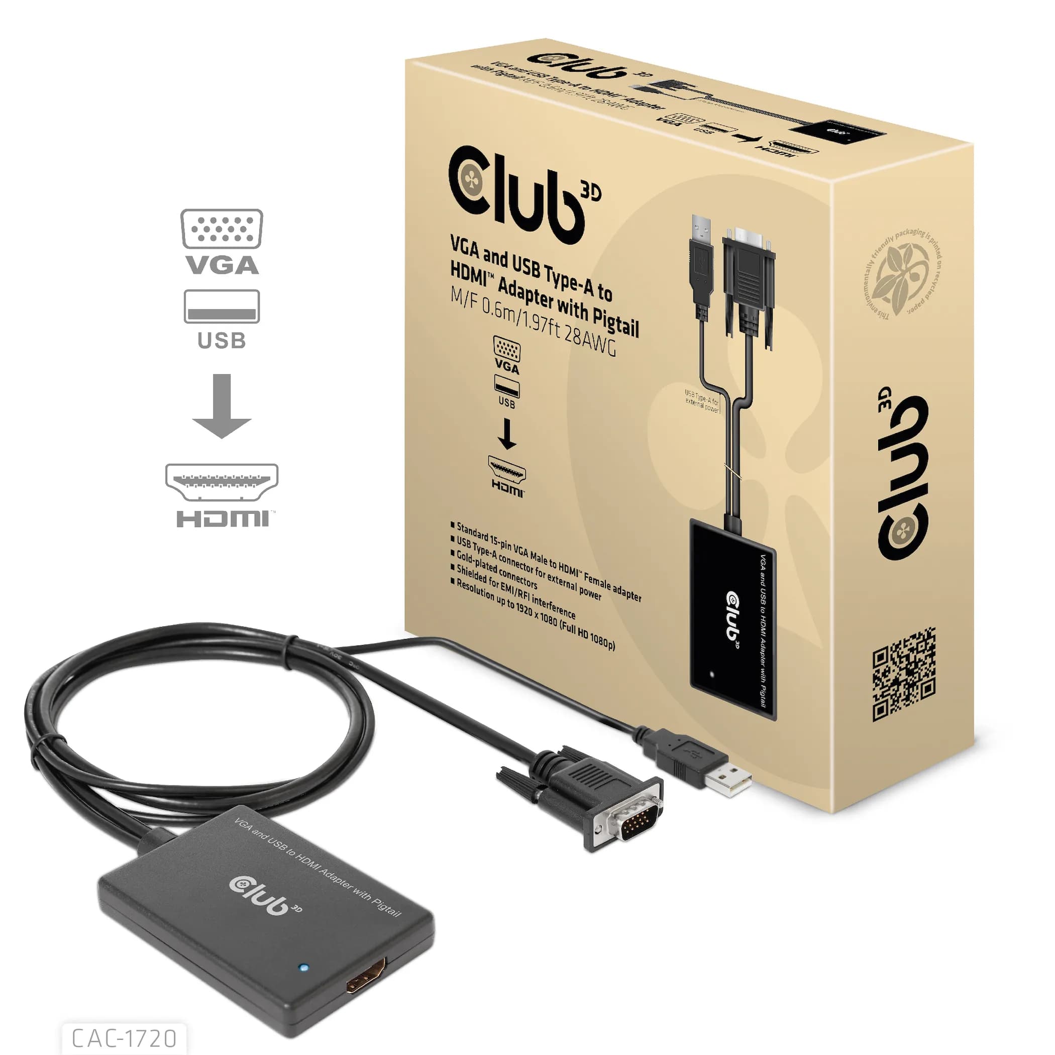 Club 3D VGA + USB-A - HDMI -sovitin, Musta, 0.6m – Club 3D