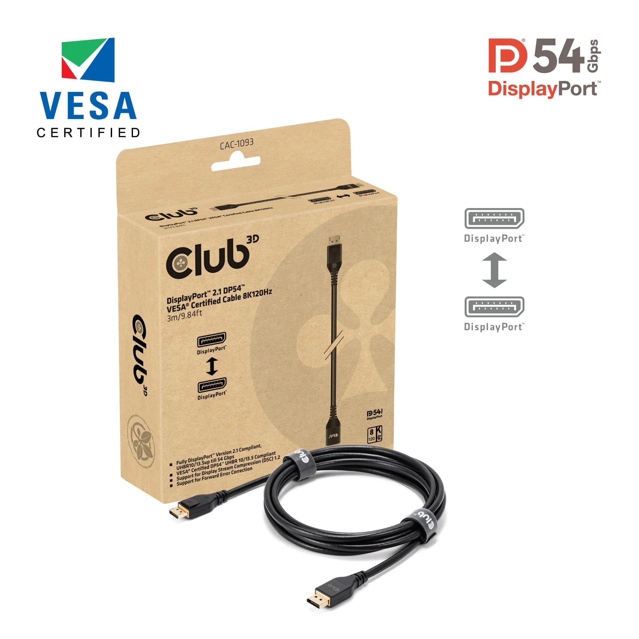Club 3D CAC-1093 DisplayPort 2.1 -kaapeli, jossa 8K, 165 Hz, 3 m, musta