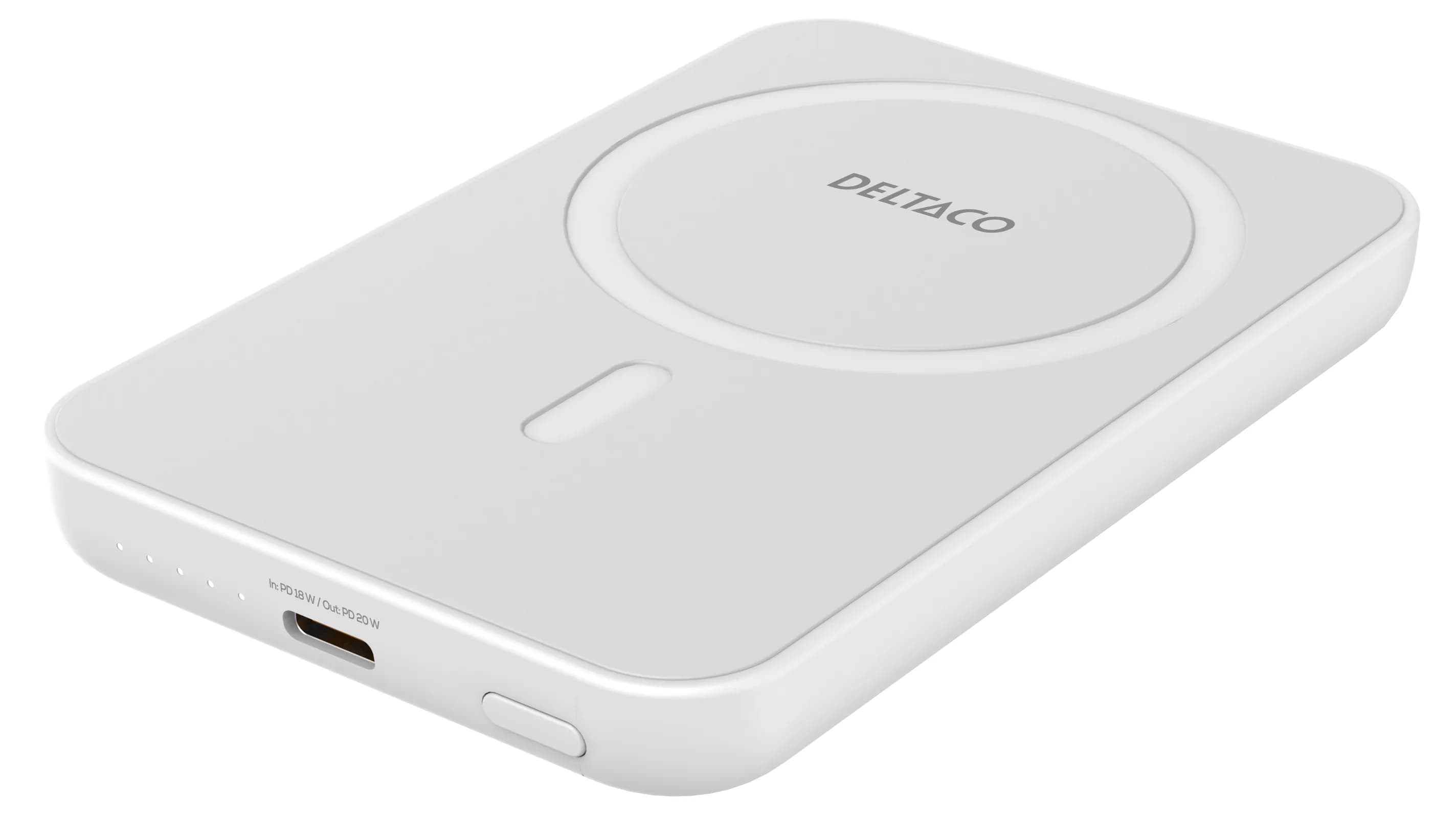 Deltaco 5000 mAh, wireless charging, PD 20W, magnet -varavirtalähde, Valkoinen – Deltaco