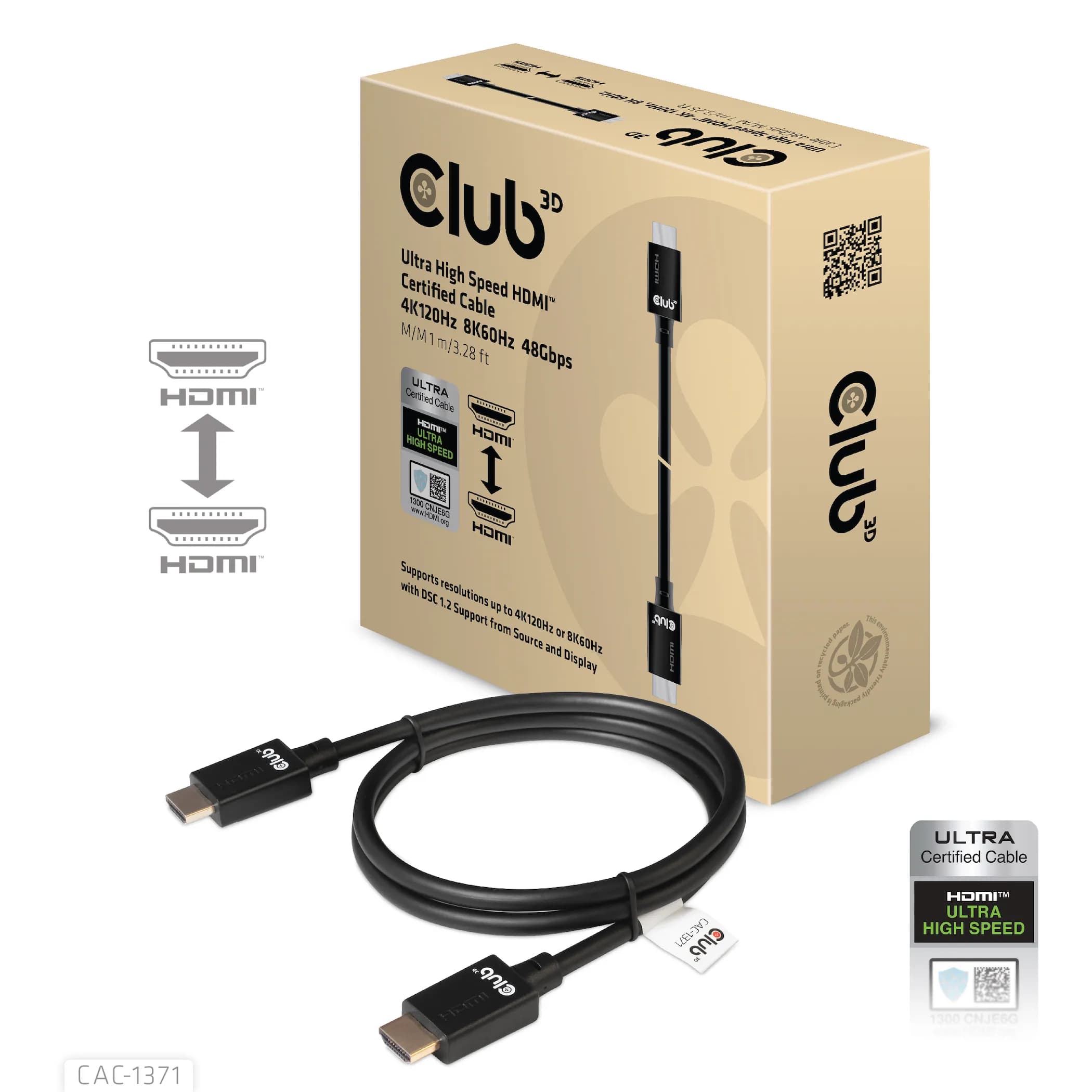 Club 3D CAC-1371 HDMI 2.1 Ultra High Speed -kaapeli, jossa Ethernet, 1 m, musta