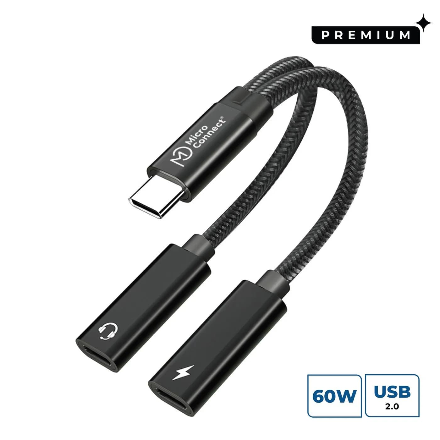 USB-C to USB-C PD and USB-C Female Adapter, Silver 13cm – Microconnect