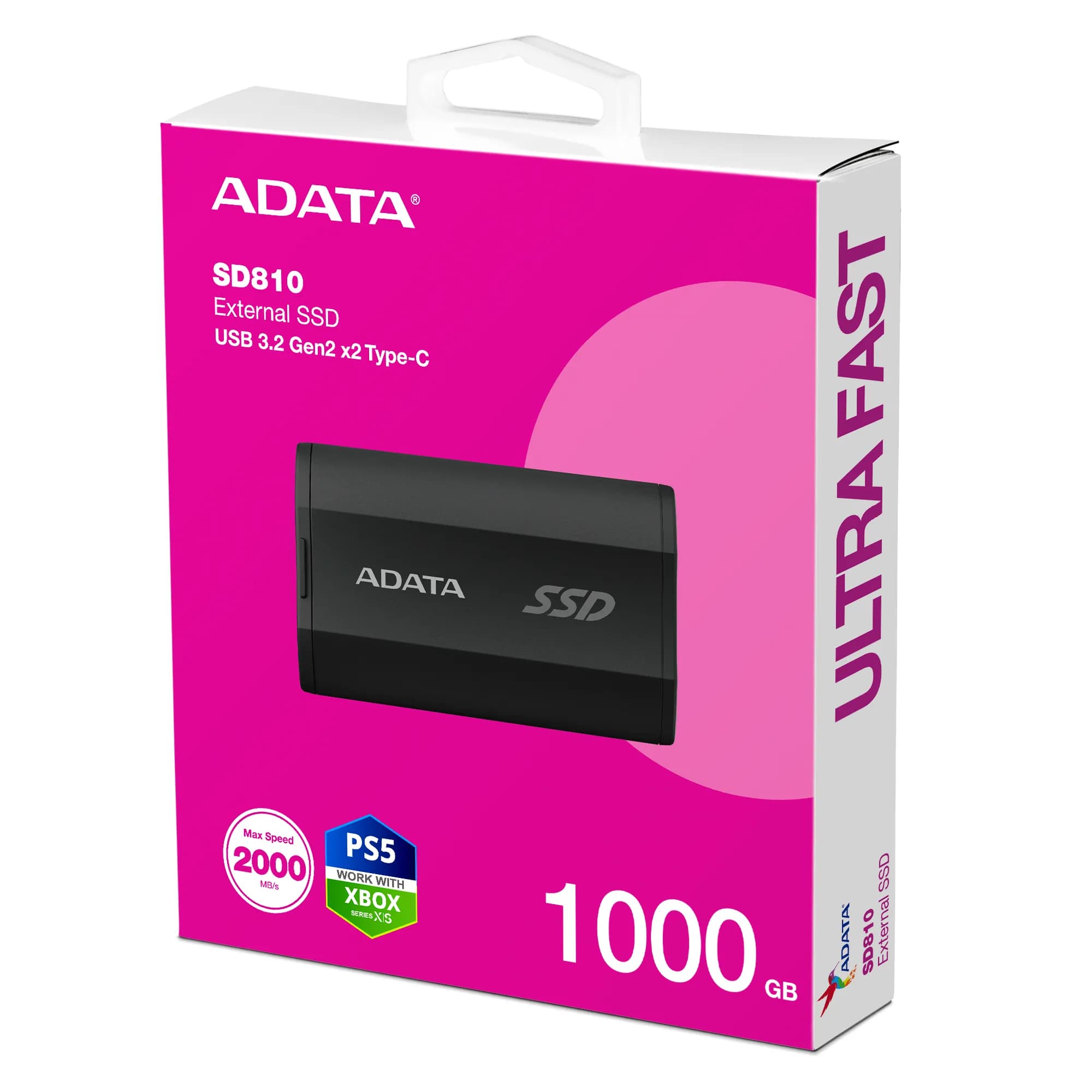 A-DATA SD810 1 Tt USB 3.2 Gen 2x2 (USB-C) -ulkoinen SSD, iskunkestävä, pelikäyttöön, musta