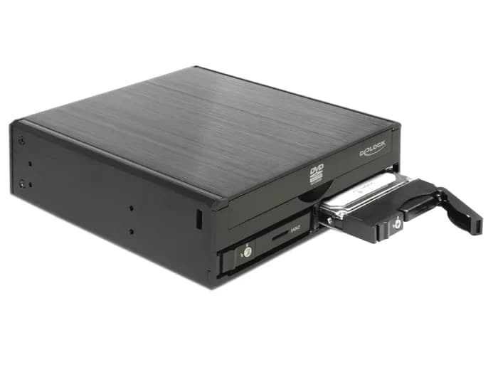 DELOCK 47230 5,25" hot swap -asemaräkki, 1 x 5,25" Slim optinen asema + 2 x 2,5" HDD/SSD -asemille, SATA 6 Gb/s, musta