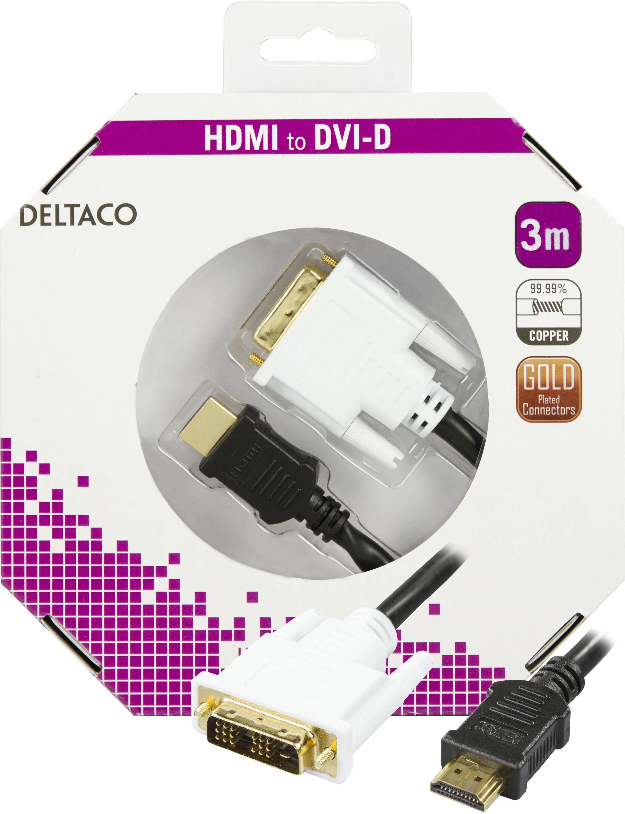 Deltaco HDMI – DVI-D -kaapeli, 3 m, musta/valkoinen – Deltaco