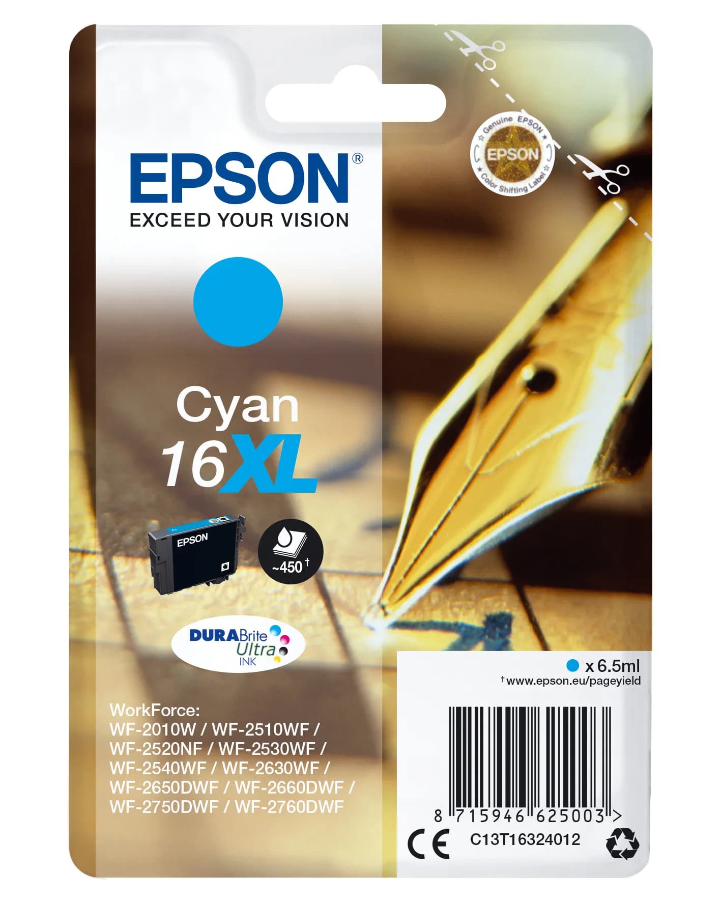 Epson 16XL-mustekasetti, 6.5 ml, syaani – Epson