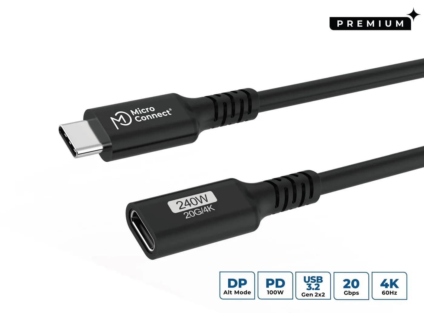 MicroConnect Premium USB-C -jatkokaapeli, 100 W, 0,5 m, musta – Microconnect