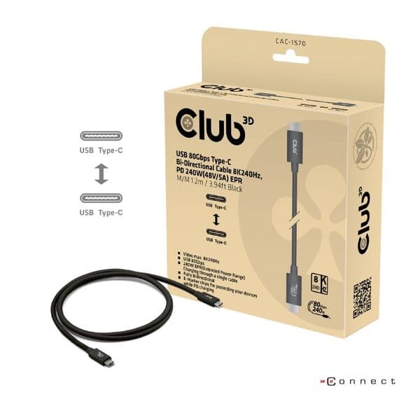 Club 3D CAC-1570 USB4 v2 USB-C -kaapeli, 240 W, 1,2 m, musta