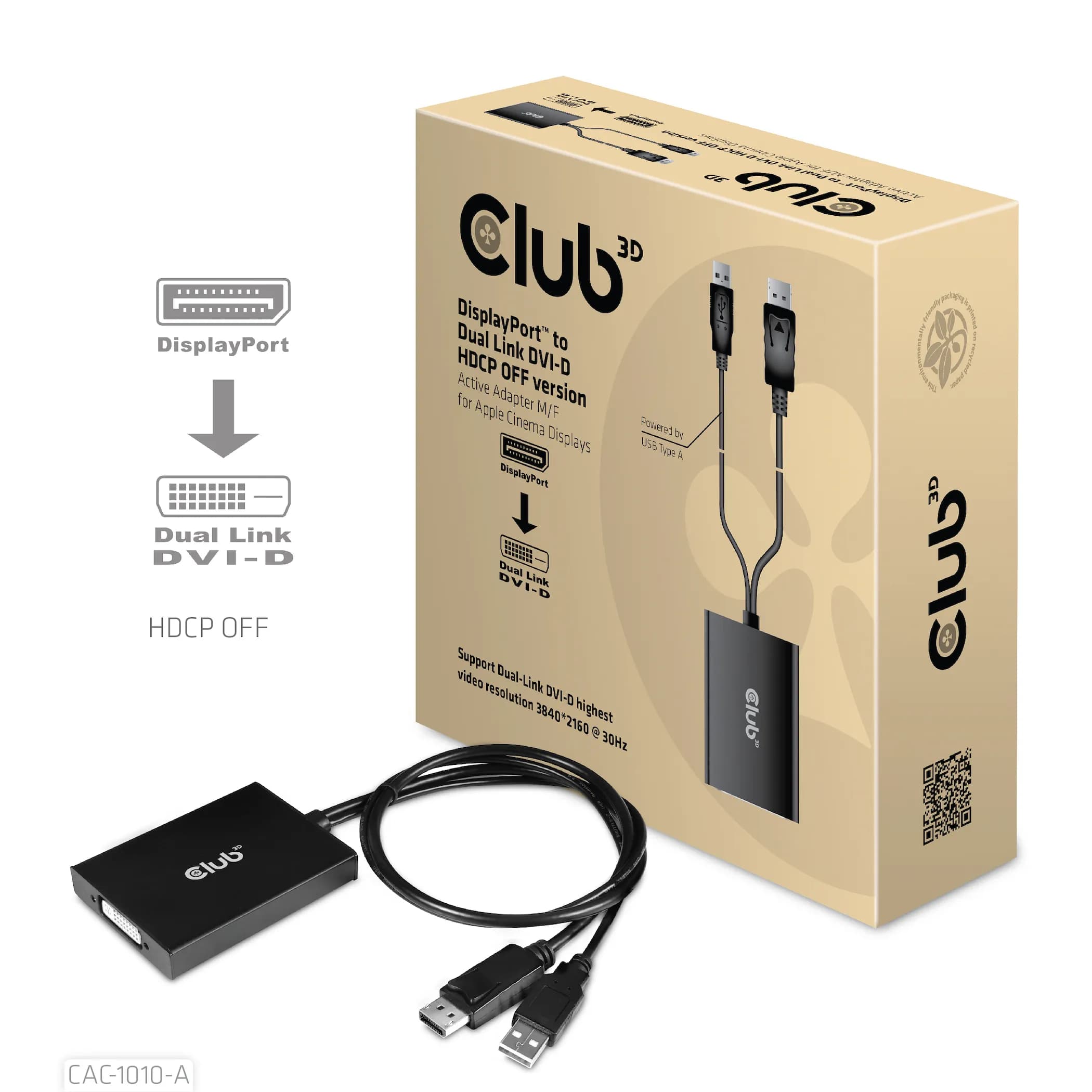 Club 3D DisplayPort to Dual Link DVI-D HDCP OFF version, aktiivinen -adapteri, Musta
