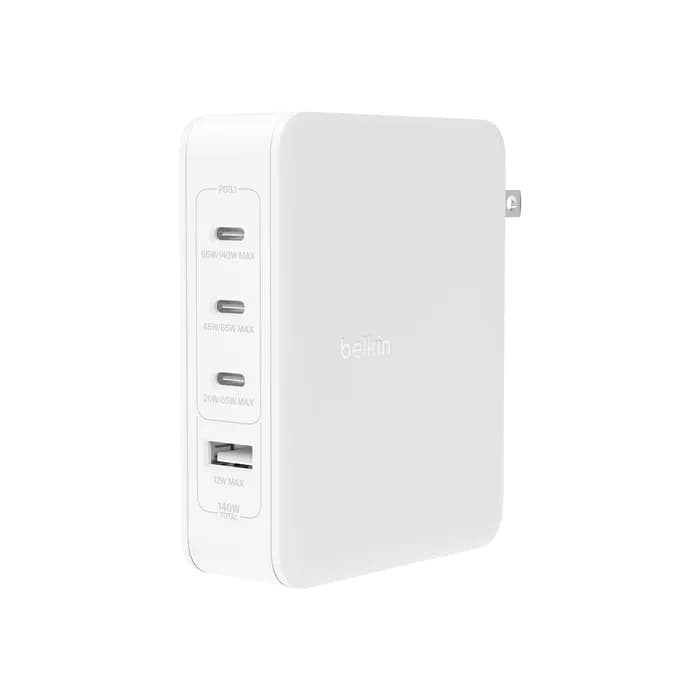 140W 4-ports USB GaN Wall Charger with UK, EU, US plug tips, – Belkin