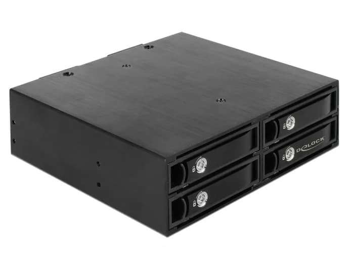 DELOCK 47233 5,25" → 2,5" hot swap -asemaräkki, 4-paikkainen, SATA/SAS 12 Gb/s, avainlukko, musta