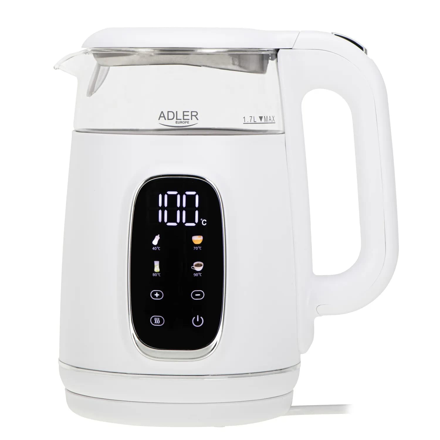 ADLER AD 1305 -vedenkeitin, 1,7 l, 2200 W, valkoinen/hopea