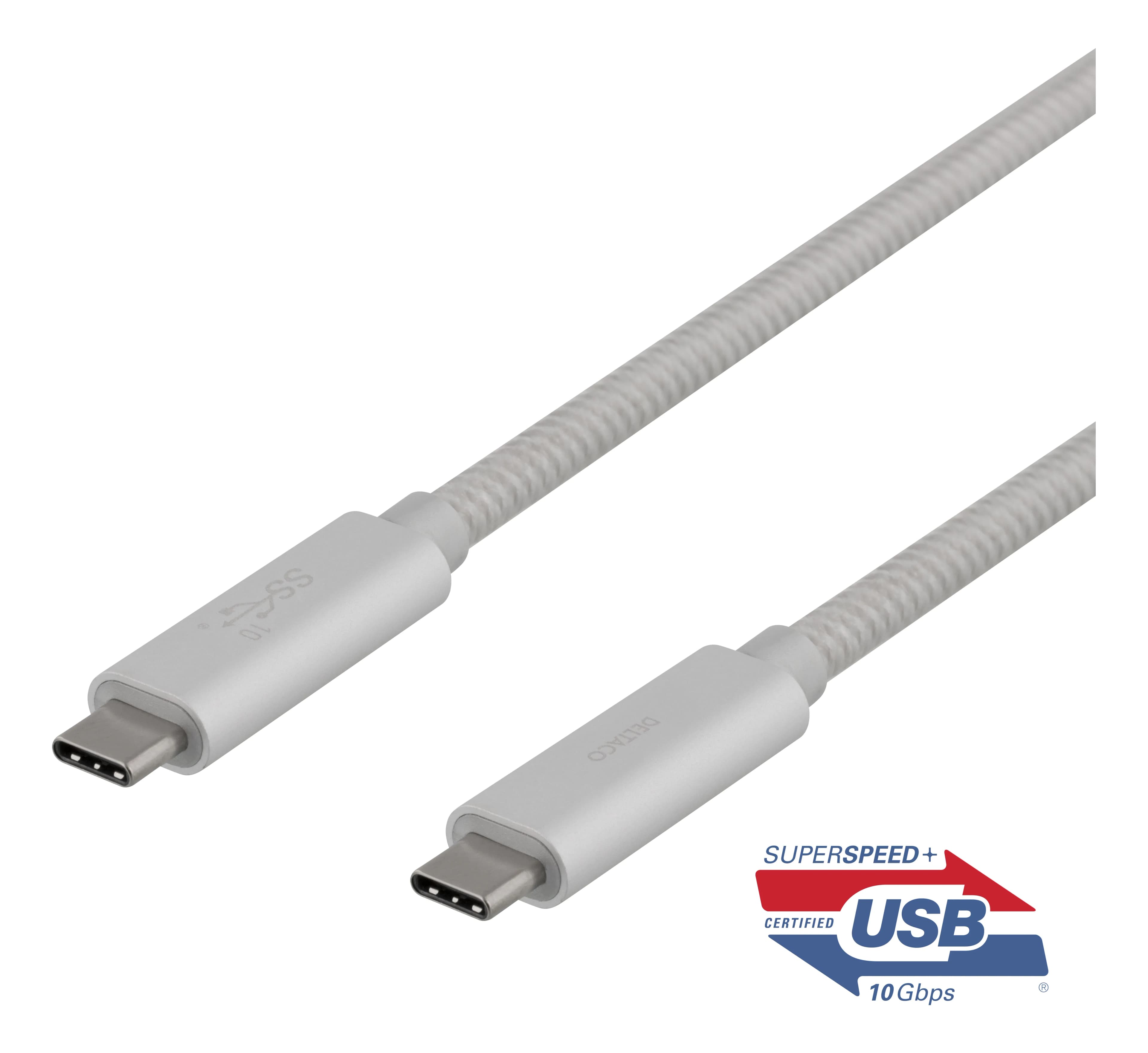 Deltaco USB-C -kaapeli, 100 W, 1 m, hopea