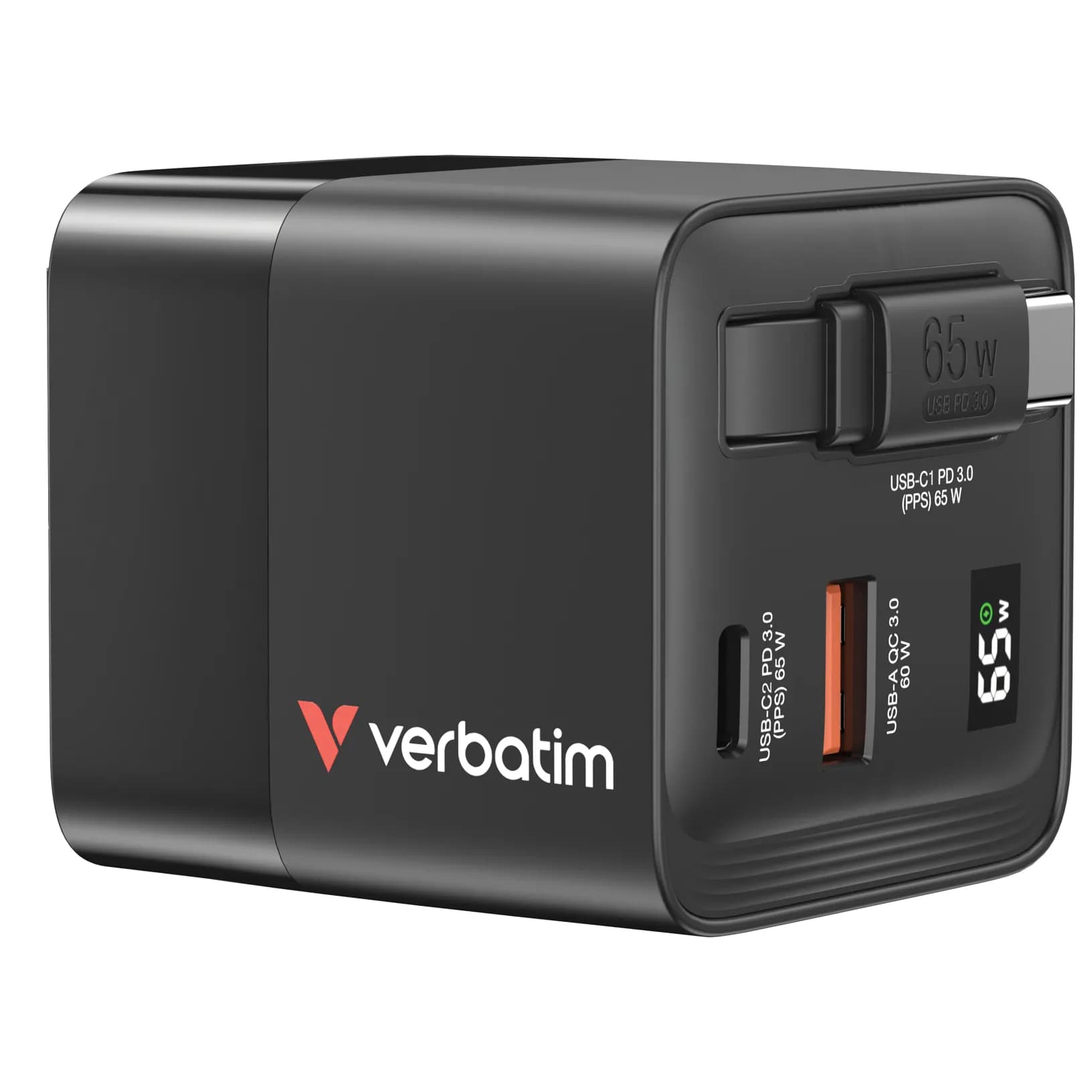 Verbatim GaN 65W 2 Port retract cable US plug EU/UK adaptors - USB-laturi – Verbatim