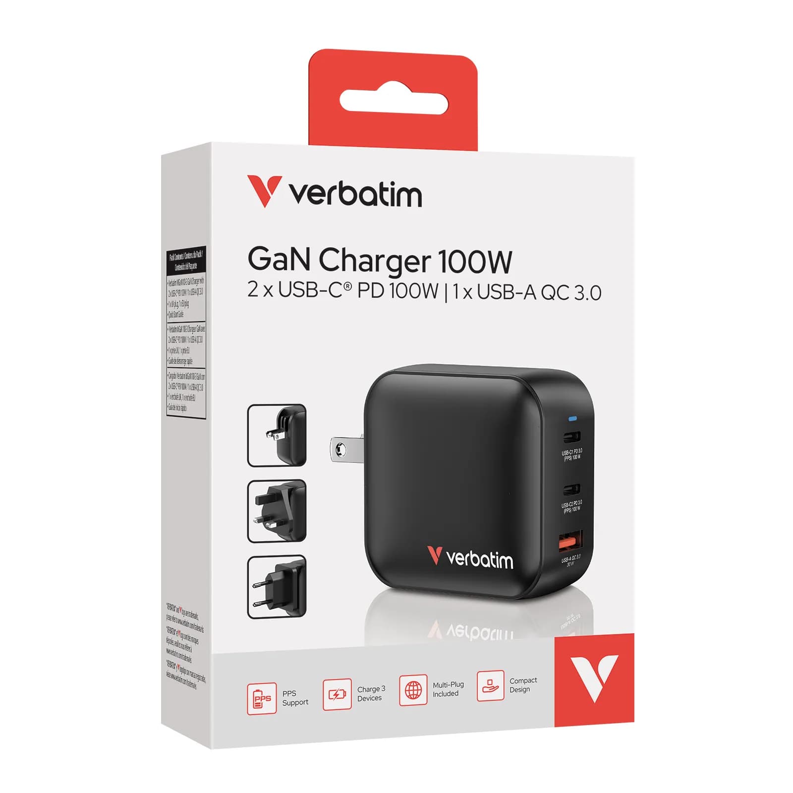 Verbatim GaN 100W 3-Ports US/EU/UK adaptor - USB-laturi