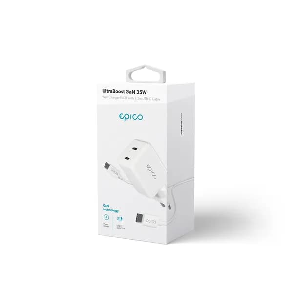 Epico UltraBoost GaN 35W Wall Charger EA35 with 1.2m USB-C to USB-C Cable | White | 2 × USB-C PD