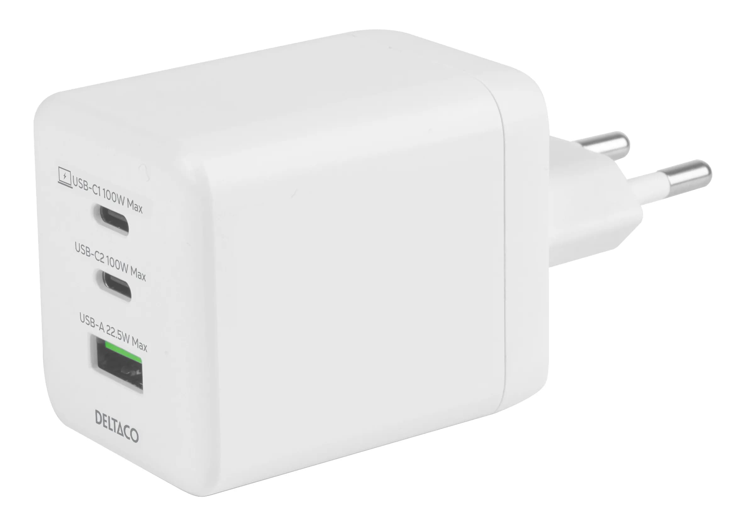 Deltaco GaN 100 W, 1x USB-A, 2x USB-C, PPS - USB-laturi, Valkoinen