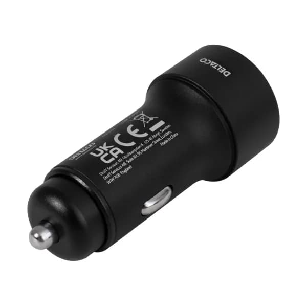 DELTACO USB car charger, 1x USB-C, PD 20 W, 1x USB-A, 18 W, 38W, metal