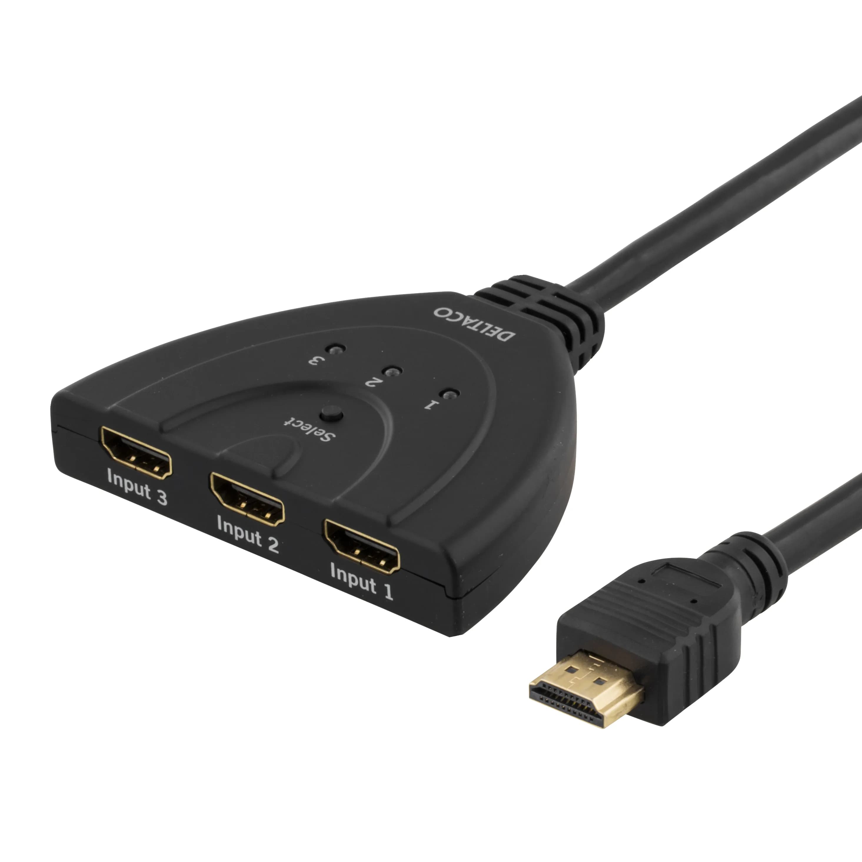 DELTACO HDMI Pigtail kytkin, auto/manual HDMI-kytkin, 3-1, musta – Deltaco